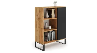 Knjižna omara Fondi na kovinskih nogah, stil loft, zlati craft hrast - črna