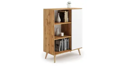 Knjižna omara Fondi na lesenih nogah, skandinavski stil - zlati craft hrast - bela