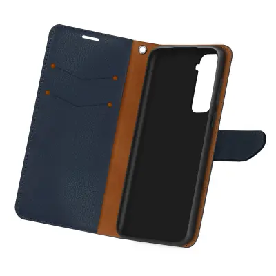 Denarnica in etui s stojalom za Samsung Galaxy S21, videz zrnatega usnja, priložen pašcek za zapestje - polnocno modra