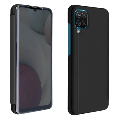 Izjemno tanek zrcalni preklopni ovitek za Samsung Galaxy A12, funkcija stojala - crn