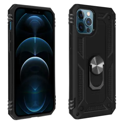 Ovitek za iPhone 12 / 12 Pro, odporen na udarce, s kovinskim nosilnim obrocem - crn
