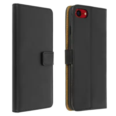 Ovitek za iPhone SE 2022, 2020 in iPhone 8, 7 iz pravega usnja, preklopna denarnica in stojalo za video - crna