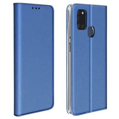 Magnetna preklopna torbica za Samsung A21s, video stojalo in držalo za kartice, križni ucinek - modra