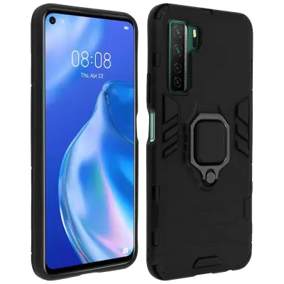 Ovitek za Huawei P40 Lite 5G, odporen na udarce, z držalom za prstan, zbirka prstanov - crn