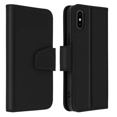 Vrhunska usnjena torbica za iPhone XS Max, preklopna denarnica in stojalo za video - crna