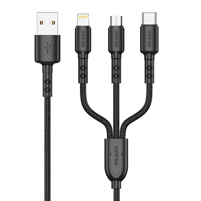 USB kabel Vipfan X02 3-v-1 USB-C / Lightning / Micro 3.5A 1.5m (črn)