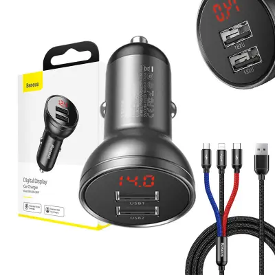 Baseus Digital Display Dual USB 4.8A Avtopolnilec 24W s tremi primarnimi barvami Kabel 3-v-1 USB 1.2M Black Suit Grey
