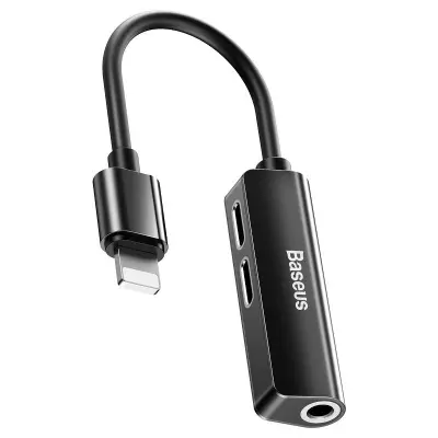 Avdio adapter Baseus L52 Lightning na Mini Jack 3,5 mm i 2x Lightning (črn)