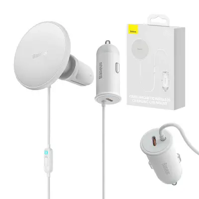 Baseus CW01 magnetni avto nosilec za telefon na prezračevalno mrežo z avto polnilcem USB-C, 15W + 25W (bel)