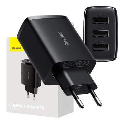 Kompaktni hitri polnilec Baseus, 3x USB, 17 W (črn)