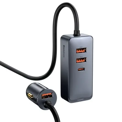 Avtopolnilec Baseus Share Together s podaljškom, 3x USB, USB-C, 120W (siv)