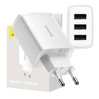 Kompaktni hitri polnilec Baseus, 3x USB, 17 W (bel)