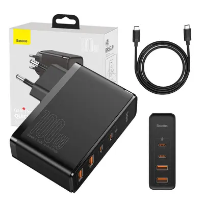 Potovalni polnilec Baseus GaN2 Pro Quick 2x USB + 2x USB-C, 100 W, EU (črn)
