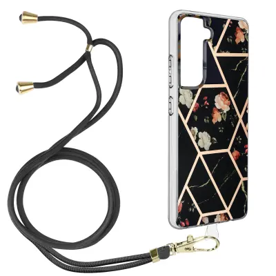 Ovitek z vrvico za Samsung Galaxy S21 FE, geometrijski vzorec - crn