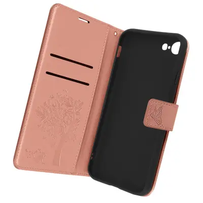 Mandala Tree iPhone SE 2022, 2020 in iPhone 8, 7 preklopna denarnica in torbica za video stojalo, zapestni trak z magnetnim jezickom - roza zlato