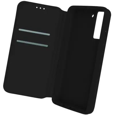 Etui za Samsung Galaxy S21 FE, držalo za kartico in video, magnetni zavihek - crn