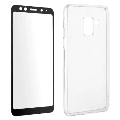 360° popolna zašcita - Transparent soft case Black contour kaljeno steklo za Samsung Galaxy A8
