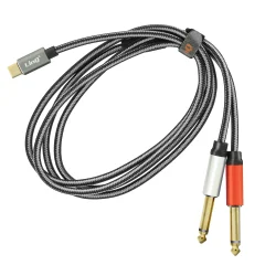 Avdio kabel/razdelilnik USB-C na 2x vticnico 6,35 mm moški najlon pleten 1,5 m, LinQ - siv