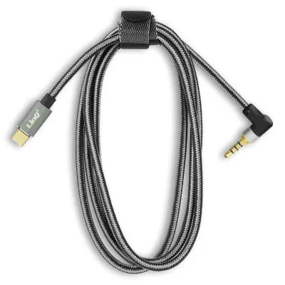 Avdio kabel USB-C do 3,5 mm 4-polni moški prikljucek, pleteni najlonski kotni prikljucek 1,5 m, LinQ - crn