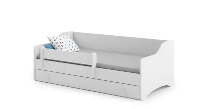 Eryk WHITE - enojna postelja 160x80 v kompletu s predalom, ograjo in vzmetnico, bela