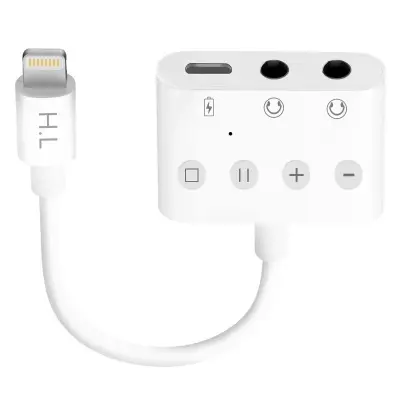 Lightning to Double Jack 3,5 mm in Lightning 12 cm avdio in polnilni adapter, gumbi za upravljanje razdelilnika, HL-104 - bel
