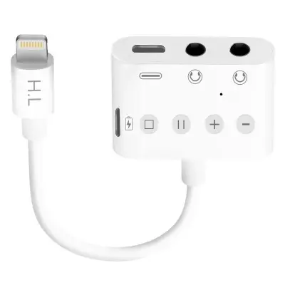 4 v 1 Lightning to Double Jack 3,5 mm / Lightning / USB-C avdio in polnilni adapter 12 cm, gumbi za upravljanje razdelilnika, HL-108 - bel