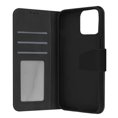 Usnjena torbica za Iphone 13 Pro Max, vrhunska kakovost, šivi in magnetni zavihek - crna