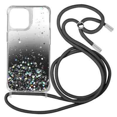 Trden ovitek z blešcicami za iPhone 13 Pro Max, odporen na udarce, z nastavljivo vrvico - preliv crne barve