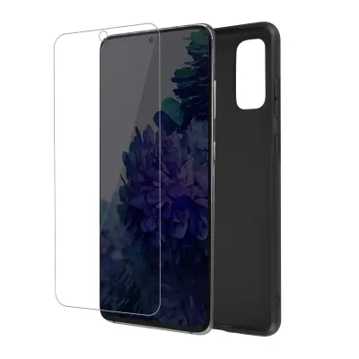 Popolna zašcita Samsung Galaxy S20 FE, mat crno silikonsko ohišje, kaljeno steklo proti prstnim odtisom
