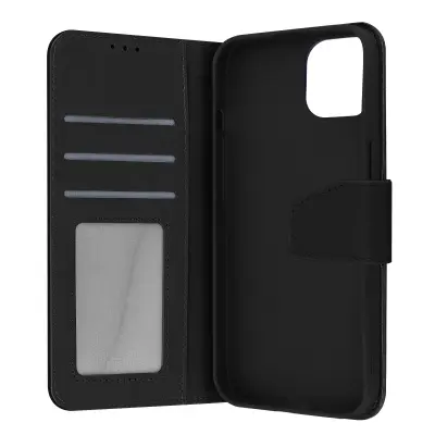 Iphone 13 Mini usnjena torbica vrhunske kakovosti, šivi in magnetni zavihek - crna