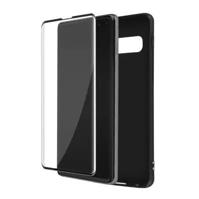 Samsung Galaxy S10 Plus Full Protection, mat crn silikonski ovitek, ukrivljeno kaljeno steklo, proti prstnim odtisom