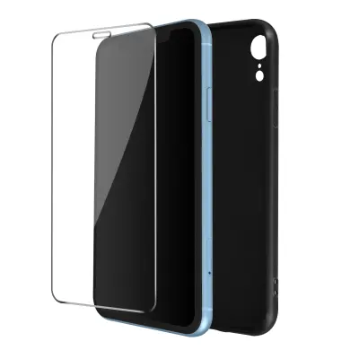 IPhone XR s popolno zašcito, mat crno silikonsko ohišje, kaljeno steklo proti prstnim odtisom