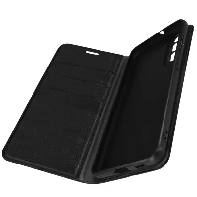 Torbica denarnica za Samsung Galaxy S21 FE iz pravega usnja s stojalom za video - crna