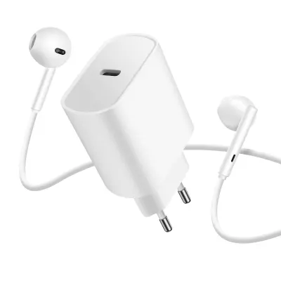 Paket 2 v 1: 20 W omrežni polnilec USB-C, žicne slušalke USB tipa C, komplet za prostorocno telefoniranje - bele