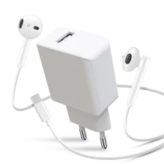 Paket 2 v 1: omrežni polnilec USB 2,1 A, žicne slušalke USB tipa C, komplet za prostorocno telefoniranje - bele