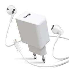 Paket 2 v 1: 2,1 A omrežni polnilec USB, žicne slušalke iPhone Lightning, komplet za prostorocno telefoniranje - bele