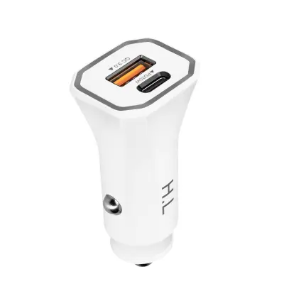 Avtopolnilec za cigaretni vžigalnik, USB C in USB, 20 W - bel