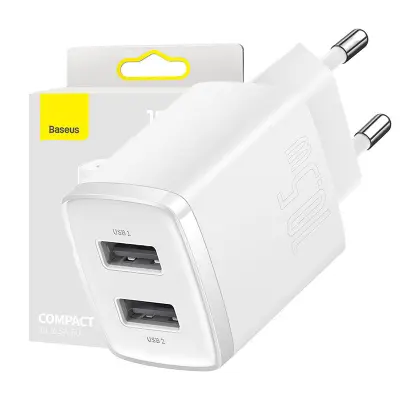 Kompaktni hitri polnilec Baseus, 2x USB, 10,5 W (bel)