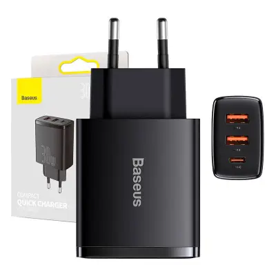 Polnilec Baseus Compact Quick Charger, 2xUSB, USB-C, PD, 3A, 30W (czarna)