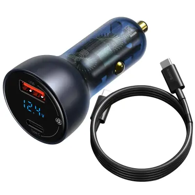 Avtomobilski polnilnik Baseus Particular Digital Display QC+PPS 65W z mini belim kablom USB-C s čipom E-oznake 1m 100W (črn)