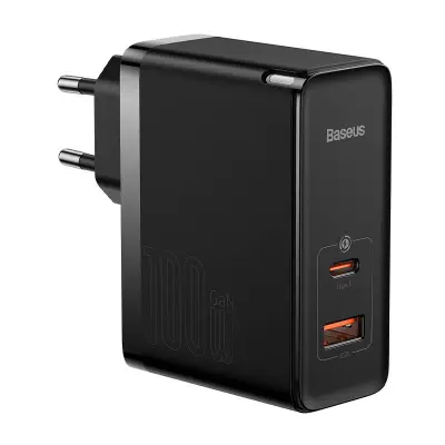 Stenski polnilec Baseus GaN USB-C + USB, 100W + 1m kabel (črn)