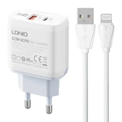 Stenski polnilec LDNIO A2421C USB, USB-C 22,5W + Lightning kabel
