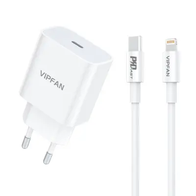 Stenski polnilec Vipfan E04, USB-C, 20W, QC 3.0 + Lightning kabel (bel)