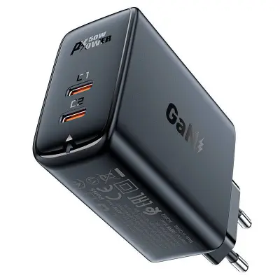 Stenski polnilec Acefast A29 PD50W GAN 2x USB-C 50W (črn)