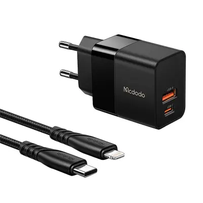 Stenski polnilec Mcdodo CH-1952 USB + USB-C, 20W + USB-C na Lightning kabel (črn)