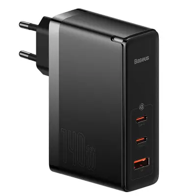 Stenski polnilec Baseus GaN5 Pro 2xUSB-C + USB, 140W (črn)