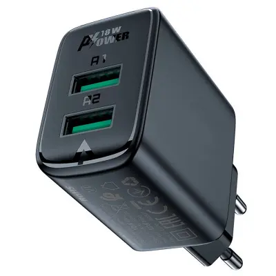Stenski polnilec Acefast A33, 2x USB, 18W, QC3.0 (czarna)