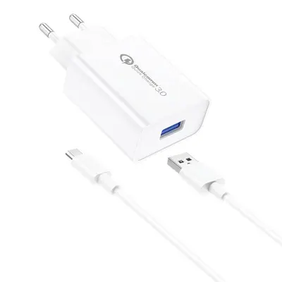 Stenski polnilnik Foneng EU13 + kabel USB na mikro USB, 3A (bel)