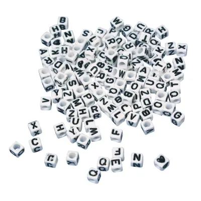 Perle črke, plastične, kocke, bele, 5x5 mm, 40 g