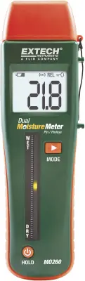 Extech MO260 merilnik vlažnosti materialov Merilno območje vlage v zgradbah (območje) 0 do 99.9 % vol Merilno območje vlage lesa (območje) 0 do 99.9 %